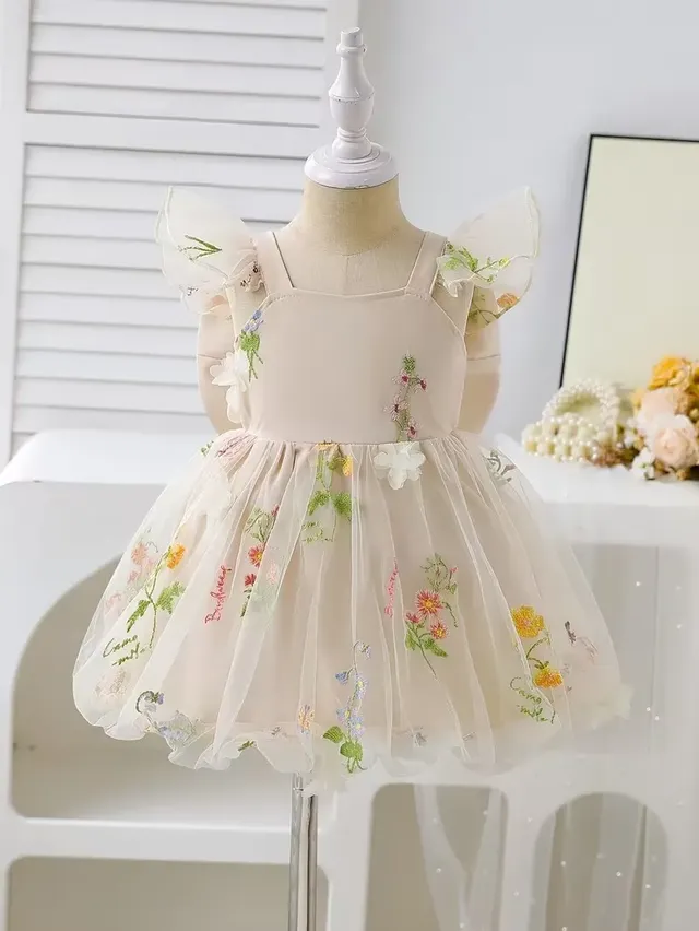 Vestido Beige De Flores Tutu Para Bebé Niña