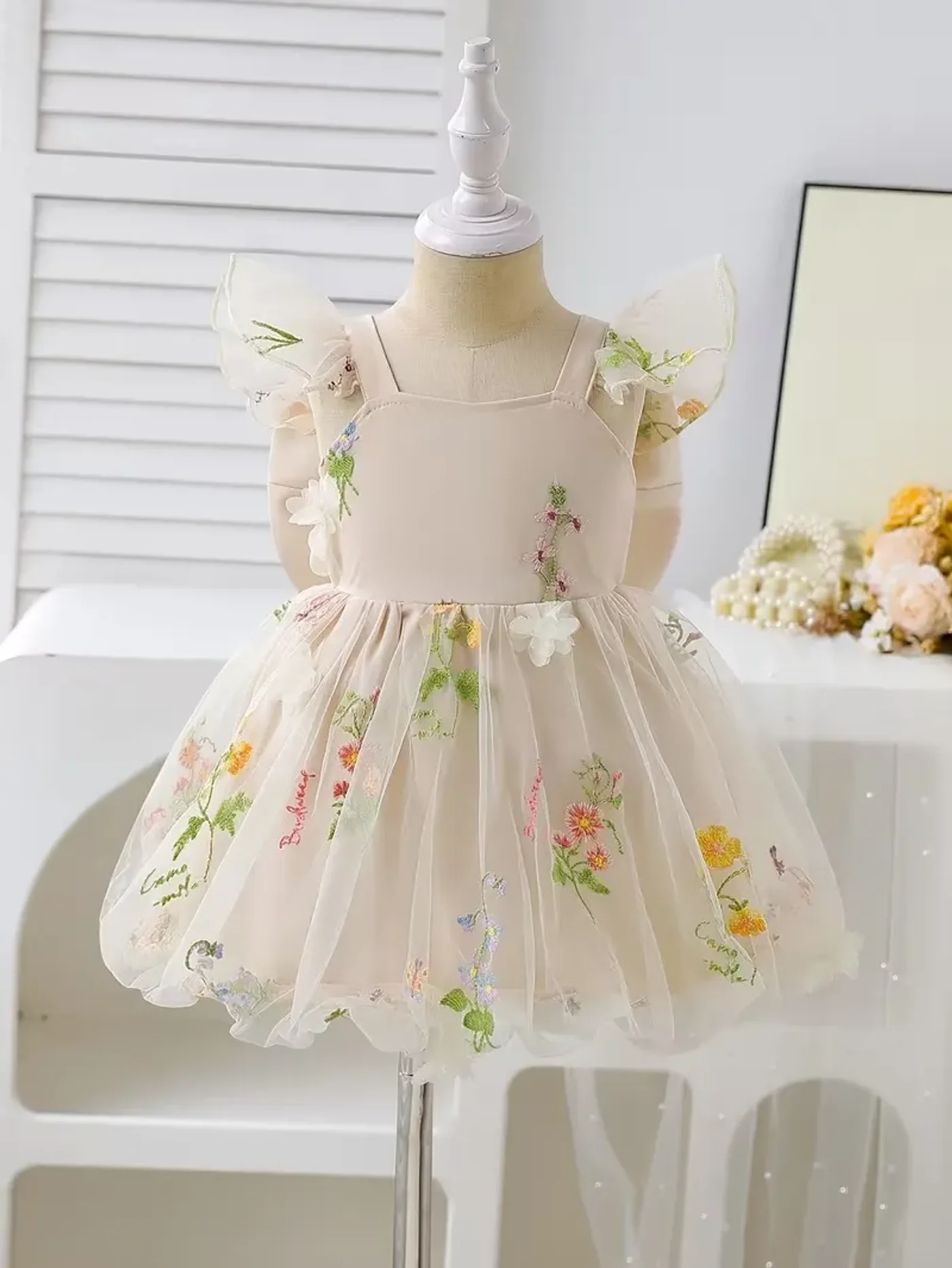Vestido Beige De Flores Tutu Para Bebé Niña