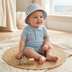 Conjunto De 3 Pieza, Polo, Short y Sombrero Azul Para Bebé.