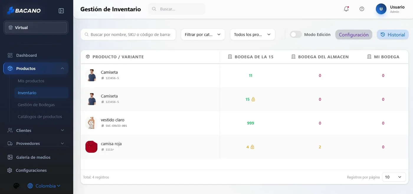 Pantallazo del módulo de inventario de Bacano ERP