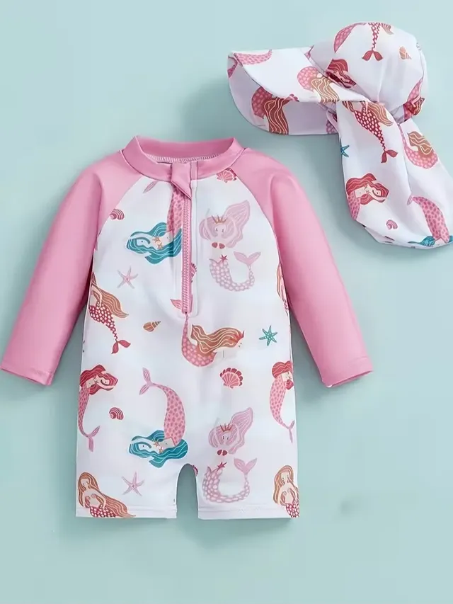 Traje De Baño Enterizo con Gorro Para Bebé Niña