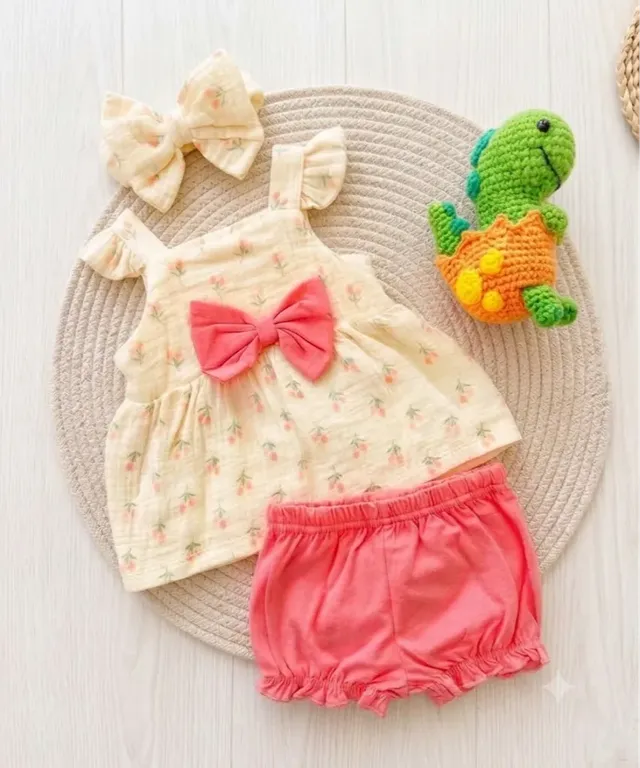 Conjunto 3 Piezas Amarillo Con Flores Salmon Para Bebé