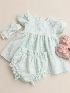 Vestido con Cubre Pañal y Diadema Blanco y Verde