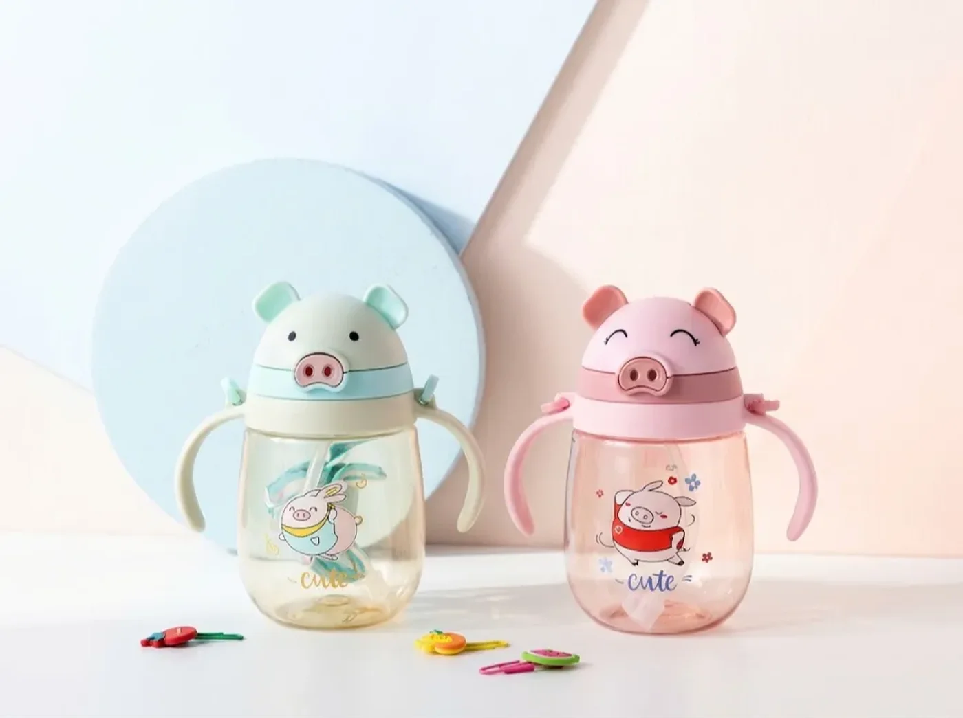 Vaso Pitillo o Termo De Agua Cerdito Verde y Rosado