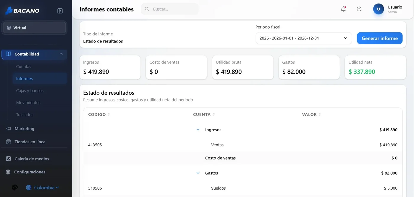 Pantallazo del módulo de informes contables de Bacano ERP