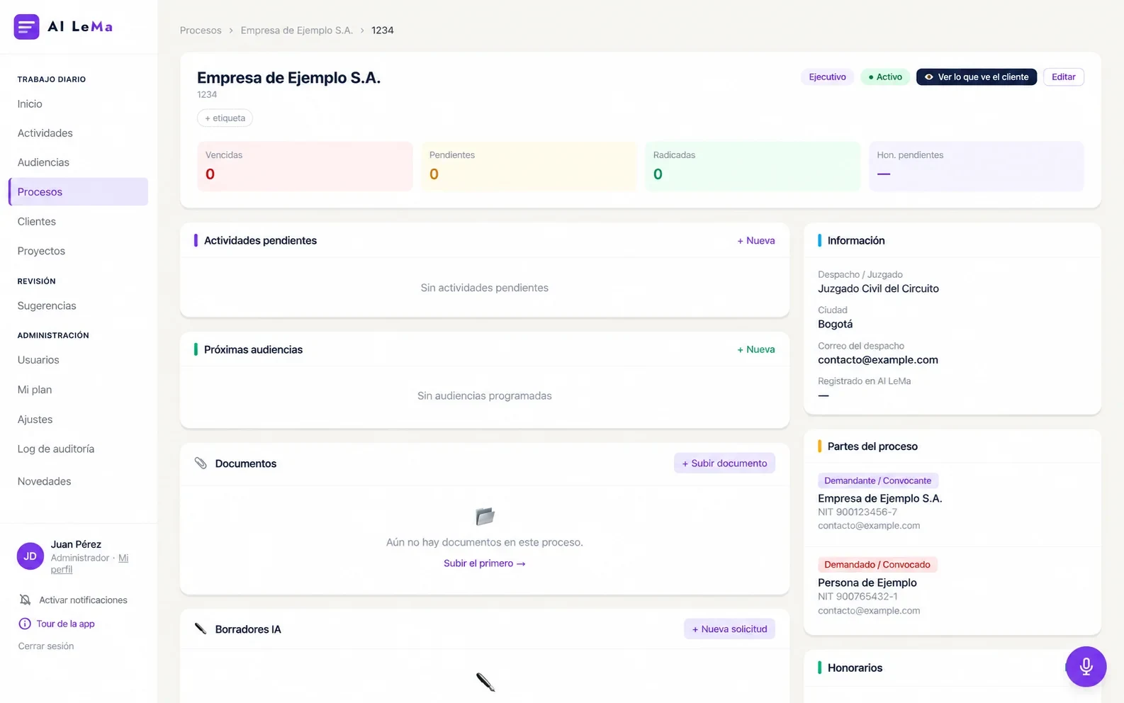 Pantalla de ejemplo de gestión de un proceso jurídico
