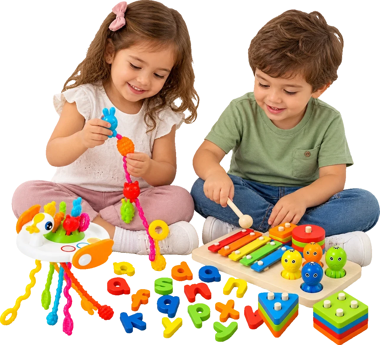 Niña y niño jugando con juguetes Montessori