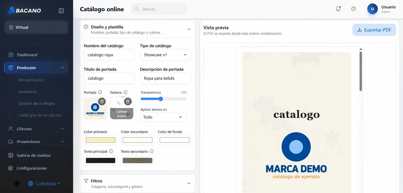 Pantallazo del módulo de generación de catálogos de Bacano ERP