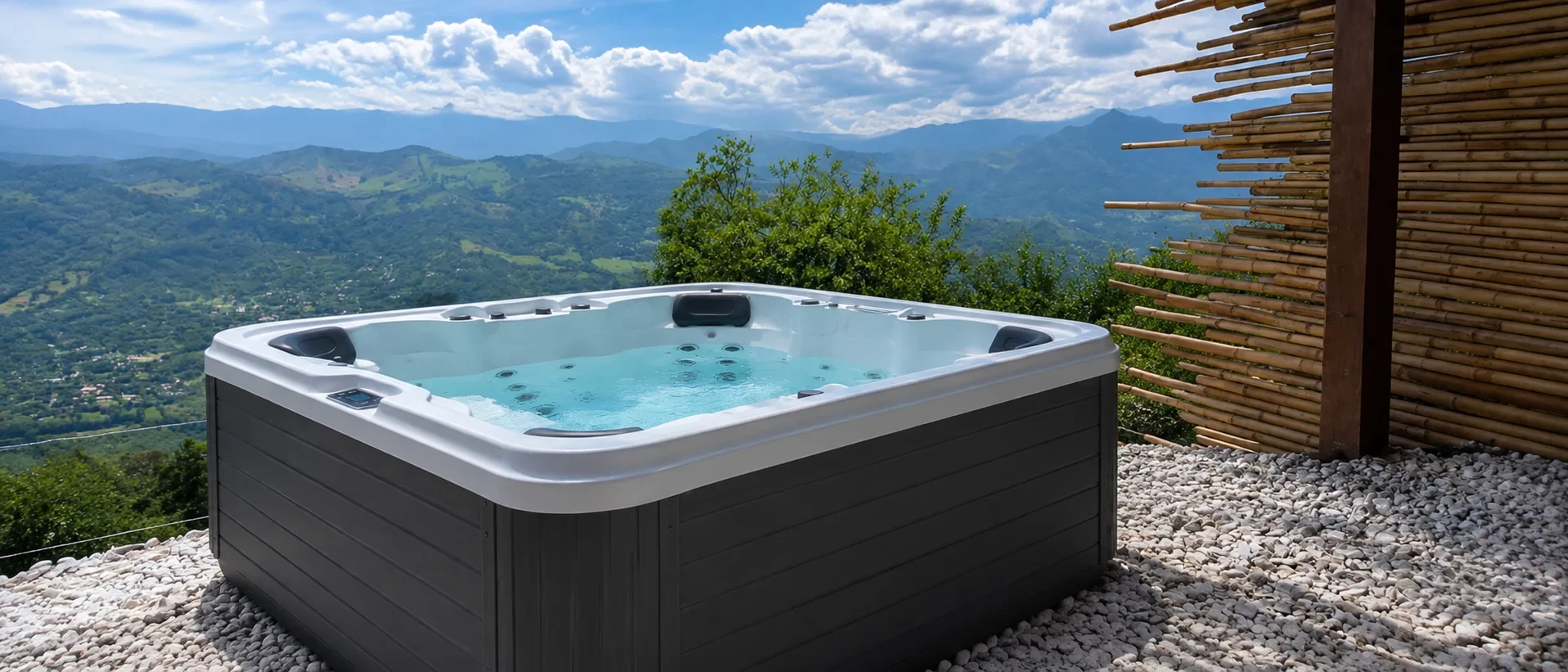 Spa Zeus instalado en una terraza con vista a las montañas