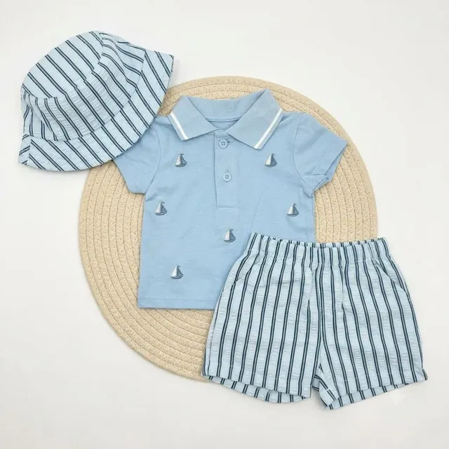 Conjunto De 3 Pieza, Polo, Short y Sombrero Azul Para Bebé.