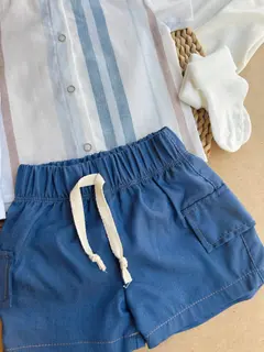 Conjunto De 3 Piezas, Short Azul  Con Camiseta y Camisa