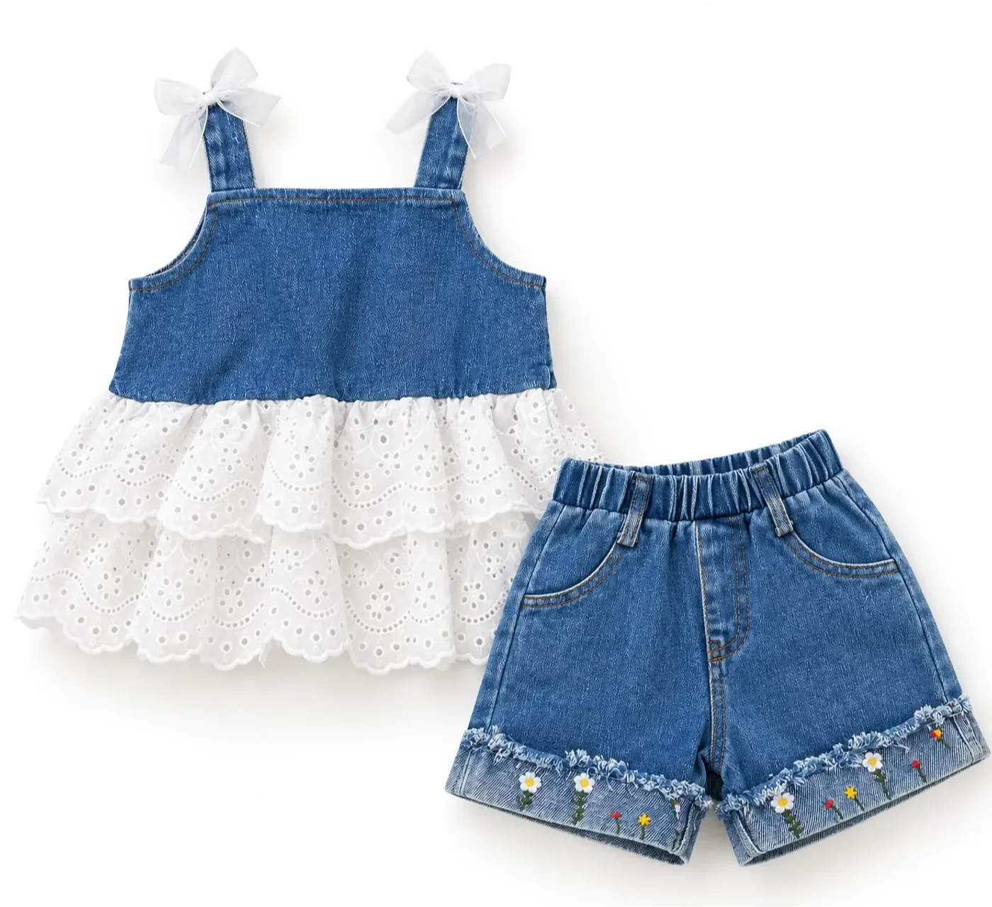 Conjunto De Jeans De Niña Con Detalle De Encaje Blanco
