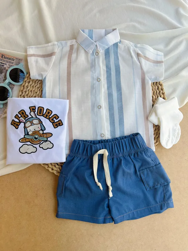 Conjunto De 3 Piezas, Short Azul  Con Camiseta y Camisa